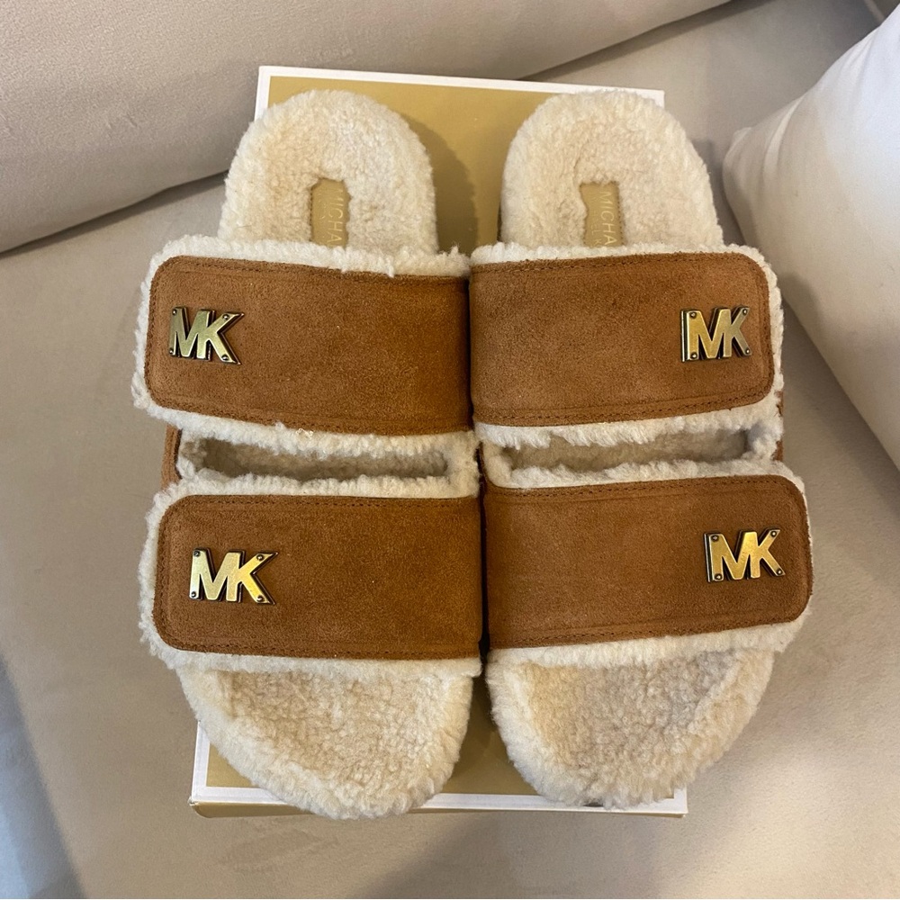 Michael Kors Tan  suede  and sherling Stark Slide
